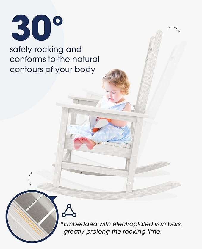 KINGYES Oversized Outdoor Rocking Chair Set of 6, All-Weather Patio Rocking Chairs for Porch, HDPE Outdoor Patio Rockers with High Back & Wide Seat for Garden, Lawn, White KINGYES