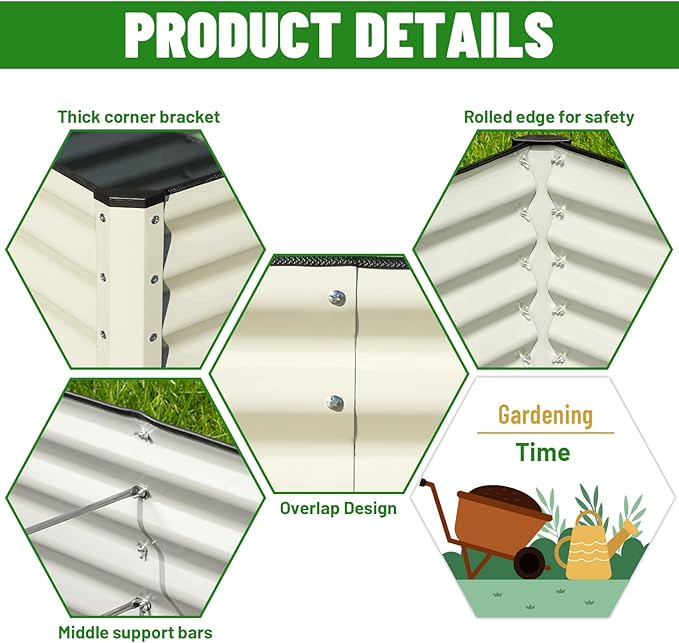 SnugNiture Galvanized Raised Garden Bed 6x3x2FT Outdoor Large Metal Planter Box Steel Kit for Planting Vegetables, Flowers, Beige White snugniture