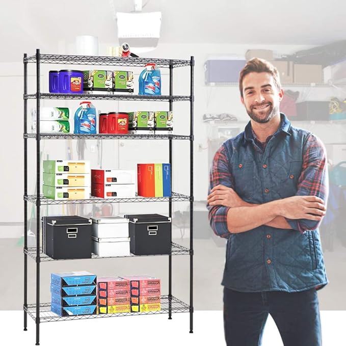 BestOffice | 6-Tier Wire Storage Shelves | 42x16x72 | Black | with Adjustable Racks | Heavy-Duty Metal Shelf, Holds Upto 1500 lbs | No-Tool Assembly | Ideal for Home & Garage Shelving BestOffice