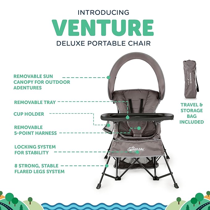 Baby Delight Go with Me Venture Portable Chair | Indoor and Outdoor | Sun Canopy | 3 Child Growth Stages | Grey BabyDelight