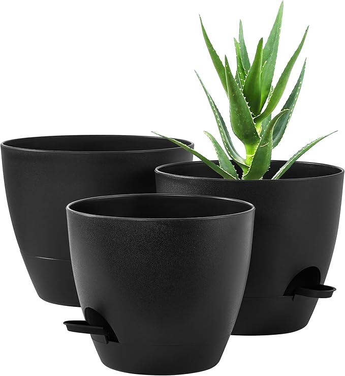 FaithLand 3-Pack Planter Pots, 10 9 8 Inch Self Watering Flower Pots for Indoor Outdoor Garden Plants, Black FaithLand