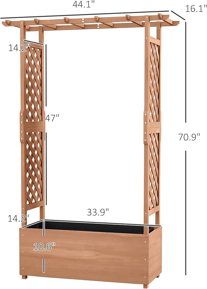 Outsunny Raised Garden Bed with Arch Trellis for Vine Climbing Plants, Hanging Flowers, 70.75" Tall Outdoor Wood Planter Box with Drainage Hole & Fabric Filter for Backyard, Patio, Brown Outsunny