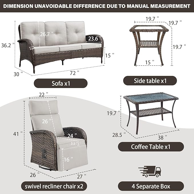 5 Piece Patio Furniture Set with Swivel Recliner Chair - Removable Outdoor Patio Couch Set, Chaise Lounge Chair Outdoor with Adjustable Backrest and Footrest and Coffee Table for Casual Gathering Belord