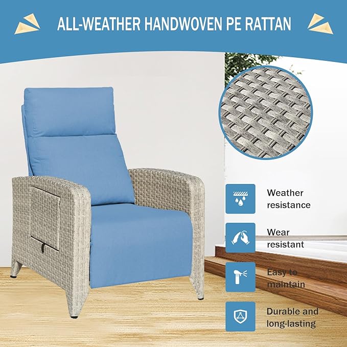Outdoor Recliner Chairs Set of 2, Reclining Patio Chairs with Adjustable Back up to 150°Lay Flat and Extended Footrest, Wicker Recliner Chairs with Flip Table and Removable Olefin Cushion zzw