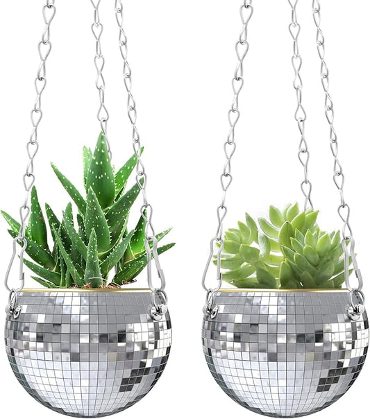 moonoom 2 Pcs Hanging Disco Ball Planter - 4Inch Sliver Disco Mirror Ball Planter with Chain - Home Boho Hanging Planter for Indoor Outdoor Plants moonoom