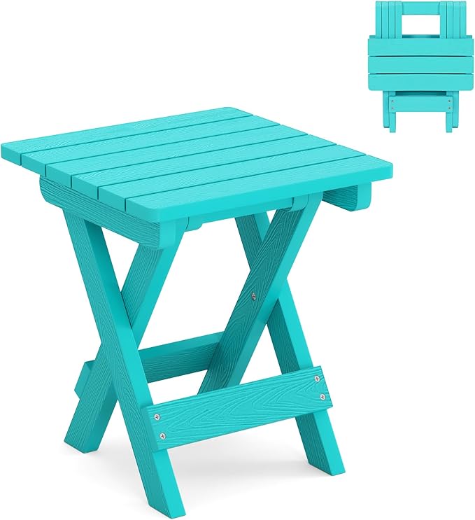 LUE BONA Small Outdoor Folding Side Table, HDPS Outside End Table for Patio, Porch, Deck, Pool, 14 Inch Height, Aruba Blue LUEBONA