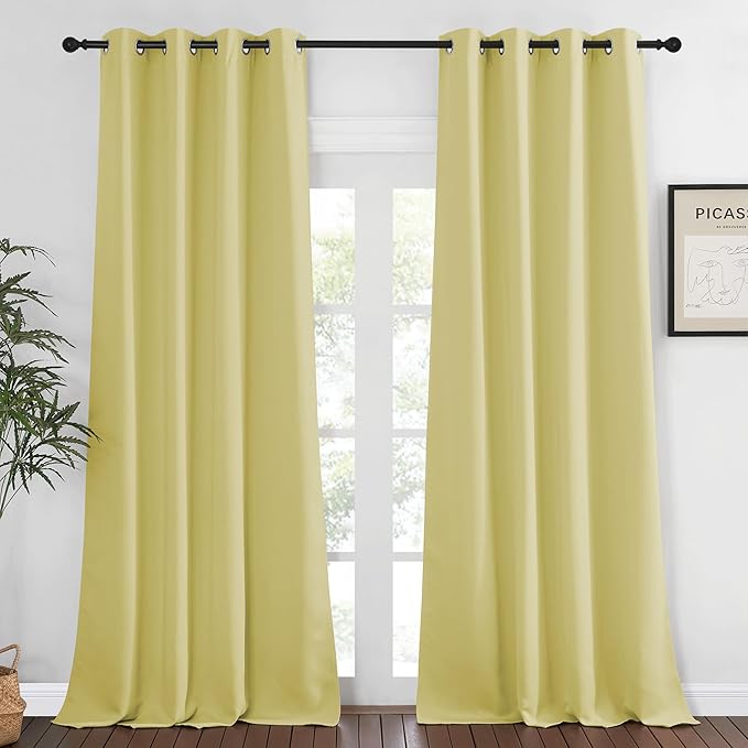 NICETOWN Blackout Window Curtain 90 inch Length - Room Darkening Thermal Insulated Grommet Large Window Treatment Light Blocking for Bedroom/Doorway (Paler Yellow, 1 Panel, W52 x L90) NICETOWN