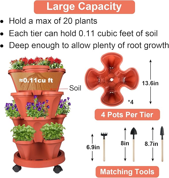 GameXcel Vertical Planter 4 Tier Stackable Planters Garden Planters Strawberry Herb Flower and Vegetable Planter Indoor Outdoor Gardening Pots with Removable Wheels and Tools GameXcel