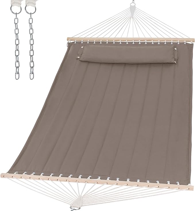 SUNCREAT Double Quilted Hammock with Hardwood Spreader Bar, Extra Large Soft Pillow, Heavy Duty 2 Person Hammock for Indoor, Outdoor, Brown SUNCREAT