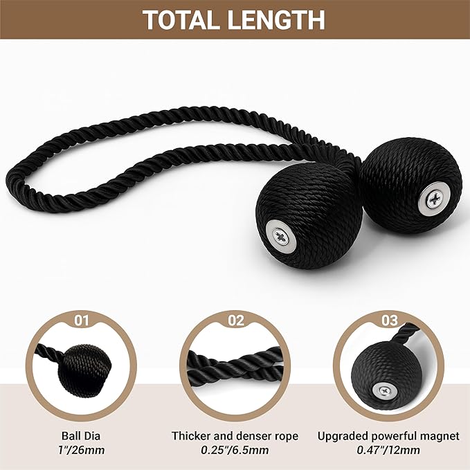 Hion Magnetic Curtain Tiebacks Black 2pcs, Curtain Tiebacks Buckles Holdbacks Holders Hooks Clip for Home Outdoor Bedroom Office Decorative Curtain Hion