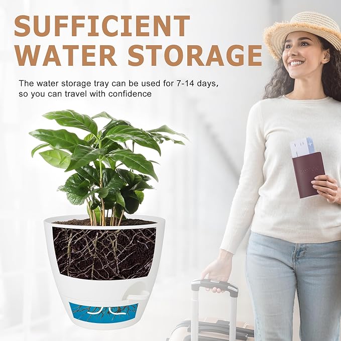 Plant Pots 12/10/9 Inch Self Watering Pots, Set of 3 Plastic Planters with Drainage Holes and Saucers,Plastic Flower Pots,Nursery Planting Pot for Indoor Out Door Plants(Pure White) QRRICA