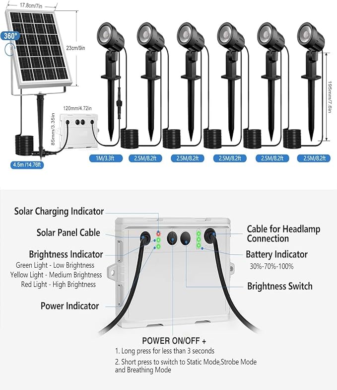 CLY 6 in 1 Solar Spot Lights Outdoor, 2700K Warm White Solar Spotlights Landscape Lights, IP66 Waterproof 59.06ft Cable Auto On/Off Garden Floodlight for Yard Lawn Tree Statue Pathway Decoration CLY