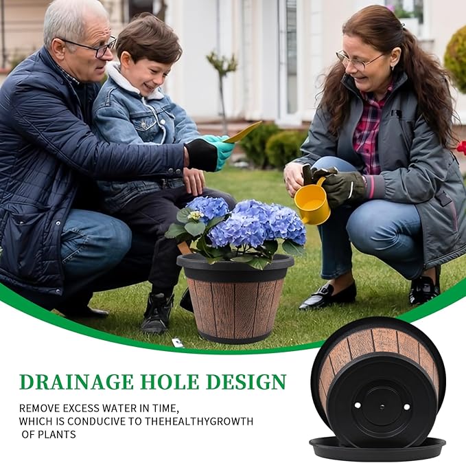 Quarut 4 Pack 12 inch Plant Pots,Whiskey Barrel Planters with Drainage Holes & Saucer,Plastic Decoration Flower Pots Retro Design,Planters for Outdoor Indoor Garden Home Plants (Brown) Quarut