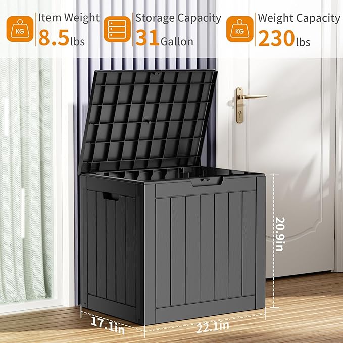 31 Gallon Resin Deck Box, Lockable Patio Outdoor Storage Box for Furniture, Garden Tools and Tools Storage, Waterproof Outside Storage Boxes - Black OutdoorLivingPerfected