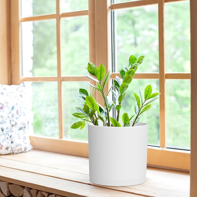 8 Inch Cylinder Plant Pots for Indoor Outdoor Plants, Medium Deep Flower Pots with Drainage Holes & Saucer, Decorative Plastic Planter Pots for Garden House Plants, White WSMKSZ