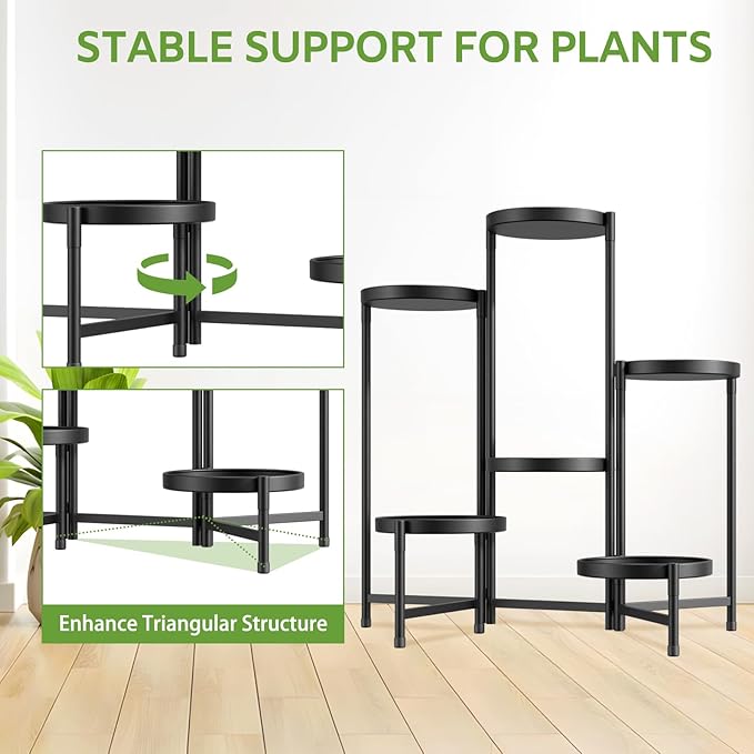 iDavosic.ly 6 Tier Large Plant Stand Indoor with 10 Inch Wide Tray, Tiered Corner Metal Outdoor Flower Display Holder Shelf, Folding Tall Rack for Patio Porch Living Room, Modern Black iDavosicly