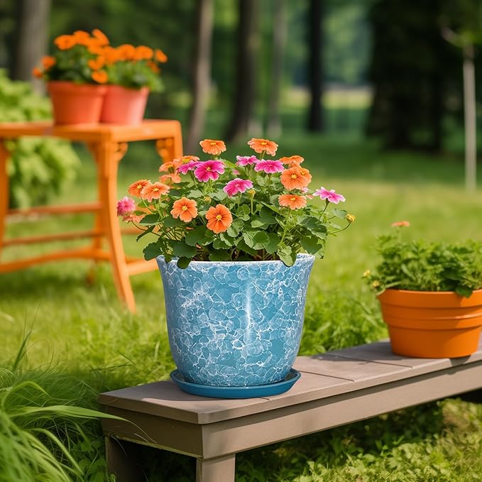 Ceramic Planter - 10 Inch Plant Pot for Indoor Outdoor, Large Round Flower Pots with Drainage Hole and Saucer, Modern Decorative Plant Pots, Garden House Decor, House Warming Gifts, Blue SUNPOTFOR
