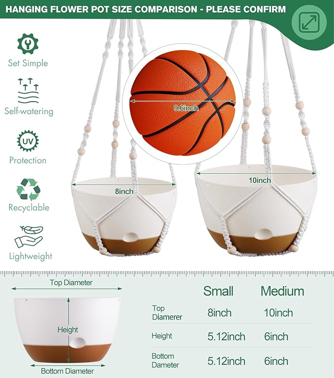 montresor Set of 2-8 Inch Hanging Planters for Indoor Plants with Self-Watering Includes Hanging Pots for Plants, Outdoor Plant Pot with Drainage, and 2 Types of Hanging Baskets Hangers (White) Montresor