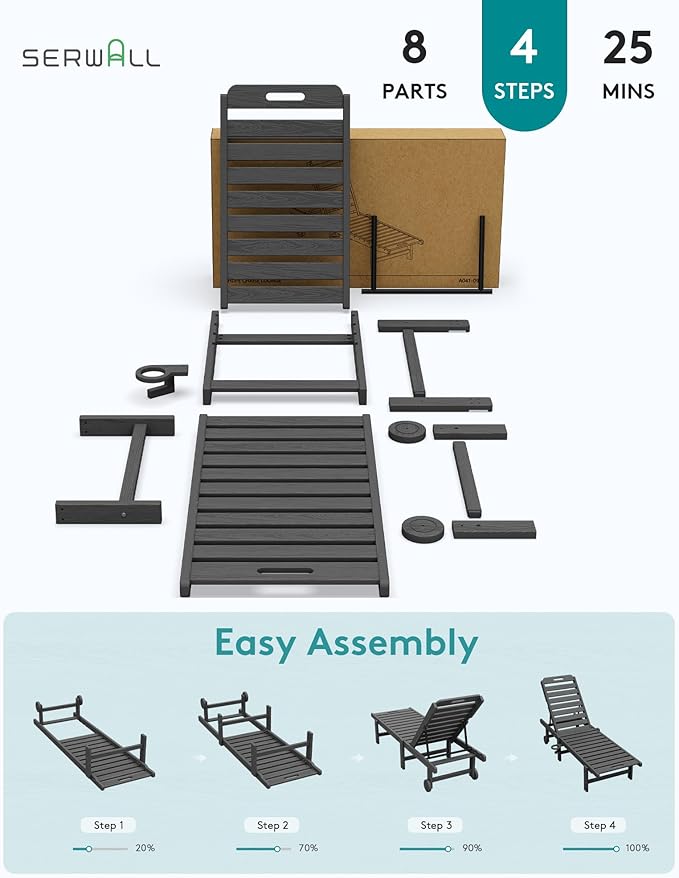 SERWALL Outdoor Chaise Lounge Set of 4, 78" Patio Lounge Chair with 5 Positions Adjustable Backrest, HDPE Lounger with Rolling Wheels & Cup Holder for Poolside, Beach, Garden, Grey SERWALL