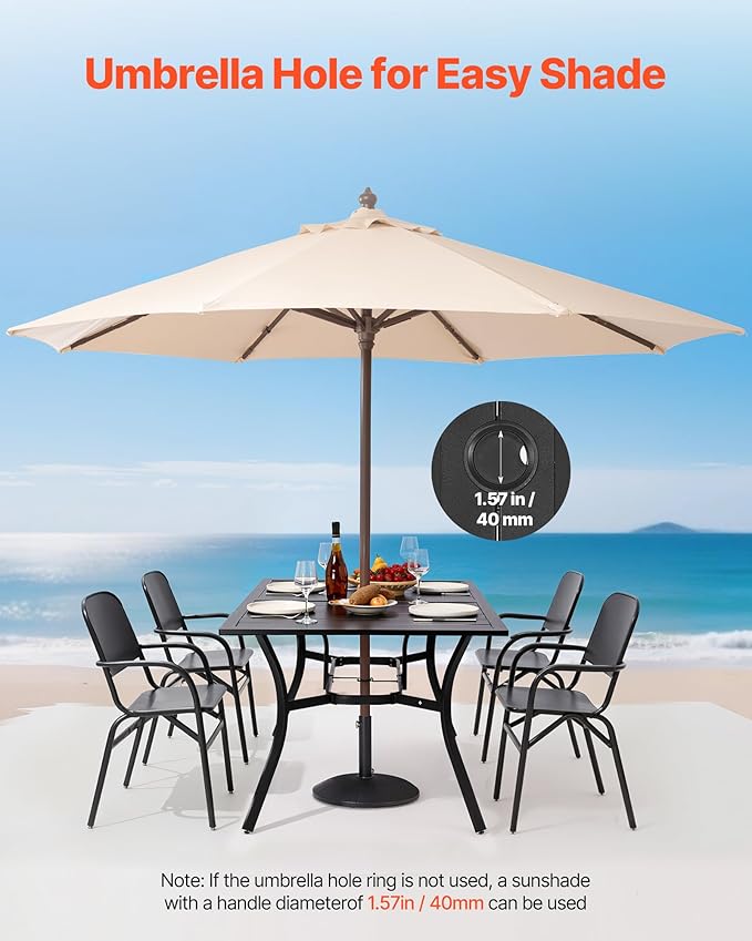 VEVOR Outdoor Patio Dining Table, 59 inch Long Rectangular Metal Steel Slat Backyard Bistro Tables for 4-6, with 1.5 in Umbrella Hole, All-Weather Large Furniture for Lawn Garden Porch, Black VEVOR