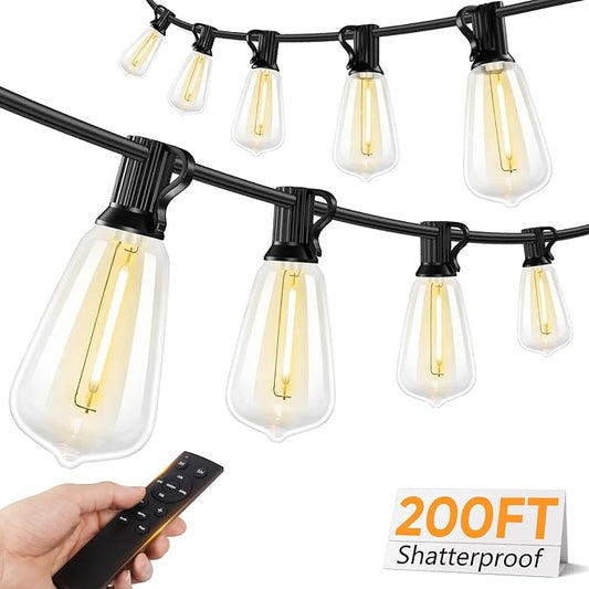 Brightever Outdoor String Lights with Remote, 200FT LED Patio Lights with 62 ST38 Shatterproof Vintage Bulbs, Dimmable String Lights for Outside, Waterproof IP65 Outdoor Lighting for Balcony, Camping Brightever