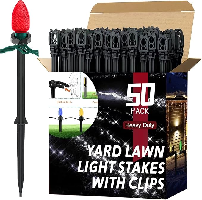 50 Pack Christmas Light Stakes 8.5"-10" for C7 and C9 String Lights,Outdoor Light Stakes, Garden, Lawn, Pathway, Patio, Path, Walkway, Christmas Decoration koneboss