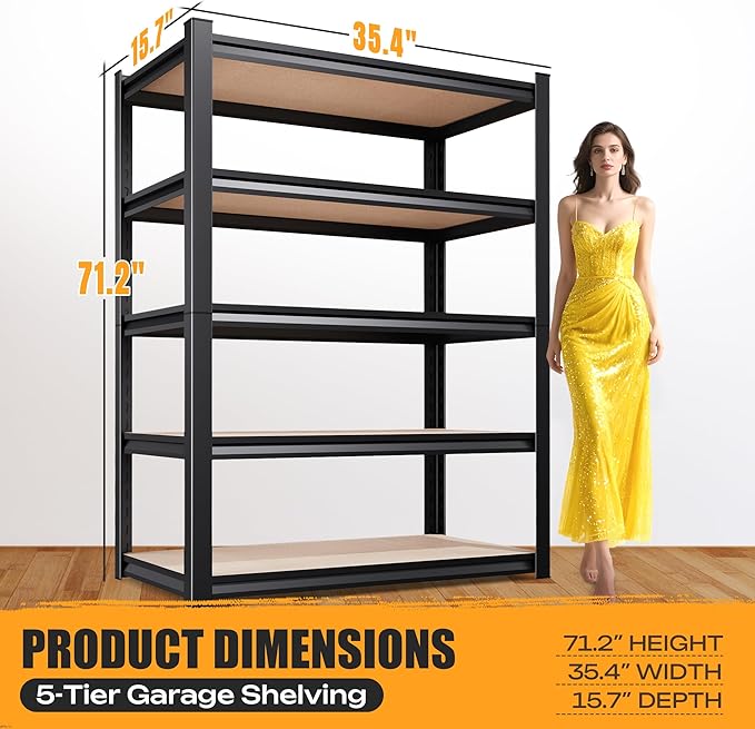 71.2" H Garage Shelving Heavy Duty Storage Shelves, Metal Adjustable Shelving Unit, Utility Garage Organizer Shelf for Basement, Pantry, Kitchen, Warehouse,15.7" Dx35.4 Wx71.2 H Black Rootora