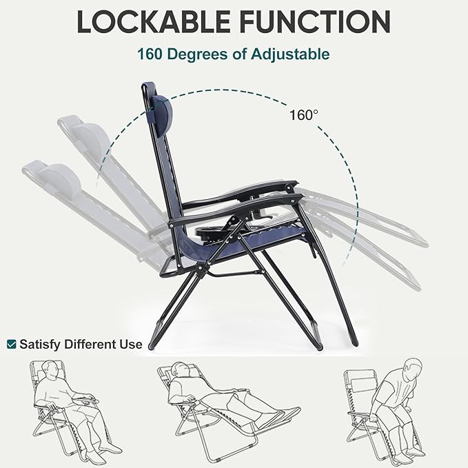 NEWBULIG Zero Gravity Chair Set of 4, Lounge Chair Folding Portable Adjustable Camping Reclining Chairs with Adjustable Pollow, Mesh Back, Cup Holder Trays Lawn Patio Chair for Pool Beach - Blue NEWBULIG
