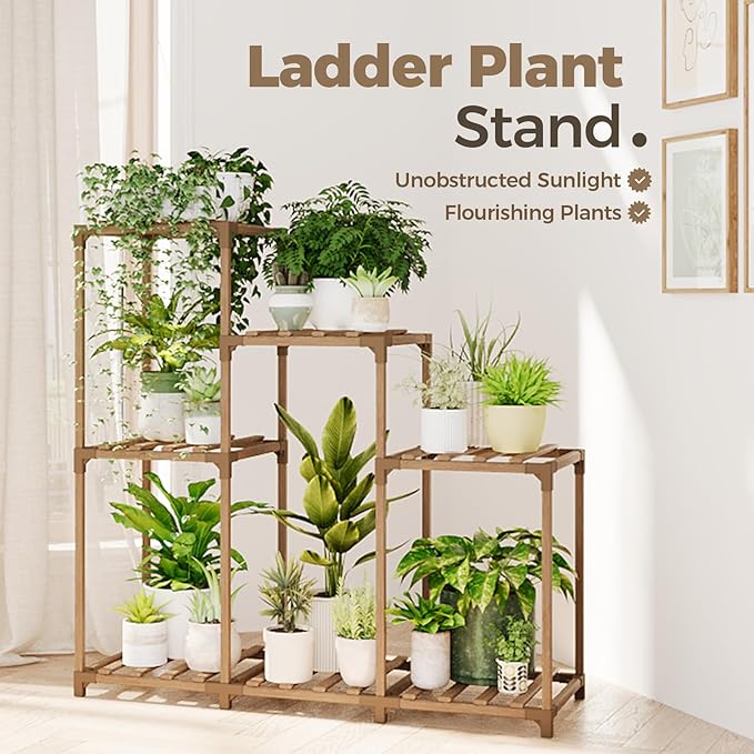 Bamworld Plant Stand Indoor Wood Plant Shelf Outdoor Tiered Plant Rack for Multiple Plants Upgrade 3 Tiers 7 Potted Ladder Plant Holder Plant Table for Mulitiple Pots Boho Decor Home Decor for Window Balcony Living Room Gardening Gifts Bamworld