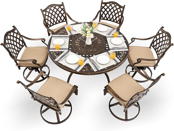7-Piece Cast Aluminum Patio Furniture, Patio Dining Set for 6 Include 54" Round Outdoor Dining Table and 6 Swivel Chairs with Cushions & Umbrella Hole (Bronze) Rootora