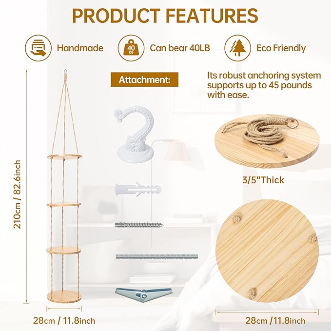Hemp Rope Hanging Plant Shelf from Ceiling for Narrow Space Boho Hanging Plant Shelves, Natural Pine Wooden Plant Stand Display for Indoor, Outdoor, Corner, Balcony, Living Room and Bedroom Konload