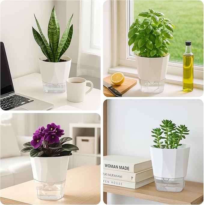 6 Pack Self Watering Pots for Indoor Plants, 5 Inches Self Watering Planters Small African Violet Self Watering Clear Pots for Plants Herb Orchid Flower Houseplant Pots, White Planterhoma