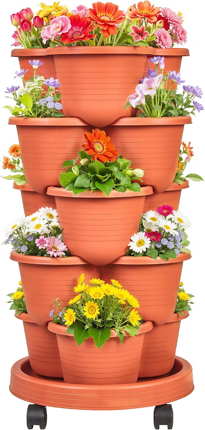 VECELO 5 Tier Vertical Garden Planter, Self Watering Stackable Planters with Wheels for Strawberries, Herbs, Flowers, Vegetables, Red VECELO
