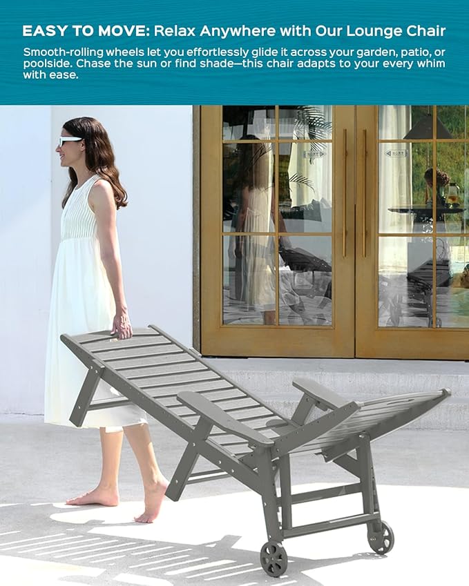 Outdoor Lounge Chair Set of 4, All Weather Patio Chaise Lounge Chairs for Outside, HDPE Chair with Rolling Wheels & Cup Holder, 5 Position, Deck, Pool, Grey CIOKEA