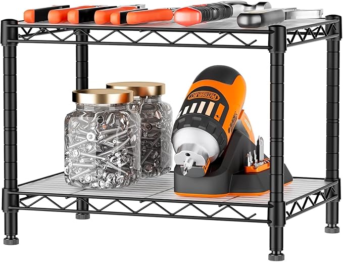 Xcity Storage Shelves, 2 Tier Heavy Duty Metal Shelving Unit with Wheels, 700 LBS Capacity Adjustable Steel Wire Shelf Organizer for Pantry, Kitchen, Garage, 14" D x 24" W x 20" H, Black Rootora