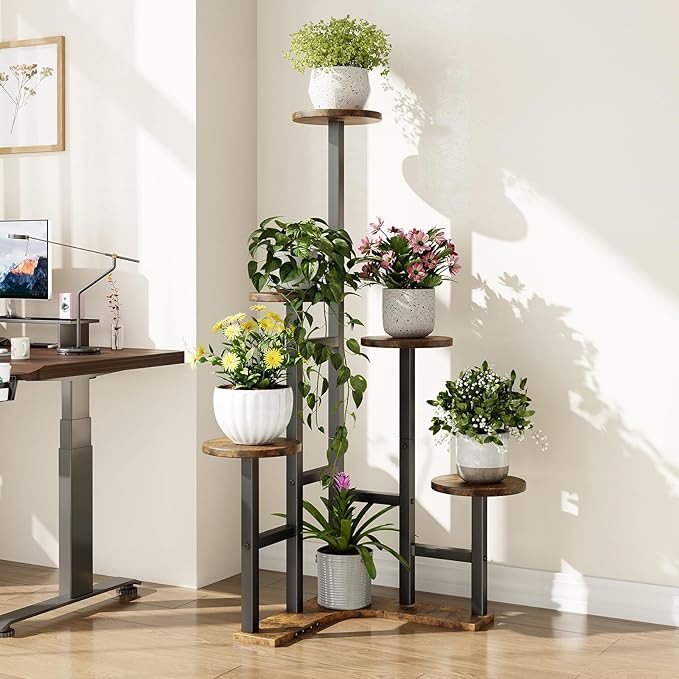 Corner Plant Stand Indoor, 6 Tiered Corner Plant Shelf Flower Stand for Multiple Plants, Plant Shelves Organizer Rack for Living Room, Balcony, Patio, Garden, Round Rustic Brown Yzosvki