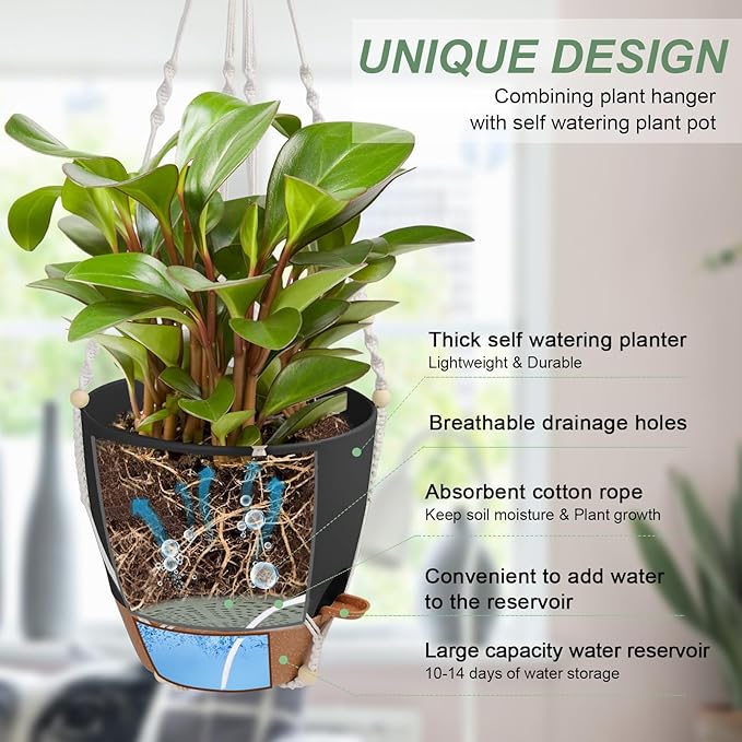 41.5 Inch Macrame Plant Hanger Indoor Outdoor with 12 Inch Flower Pot, Hanging Planter for Plants Holder with Wood Beads for Boho Home Decor (Ivory+Black) Vanslogreen