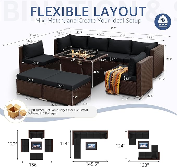 NICESOUL 9 Piece Patio Furniture Set with Fireplace Natural Gas/Propane, 29.3'' High Back Large Wicker Outdoor Sectional Sofa Sets, Deep Seat Sitting Area Backyard, Brown Rattan and Black Cushion NICESOUL