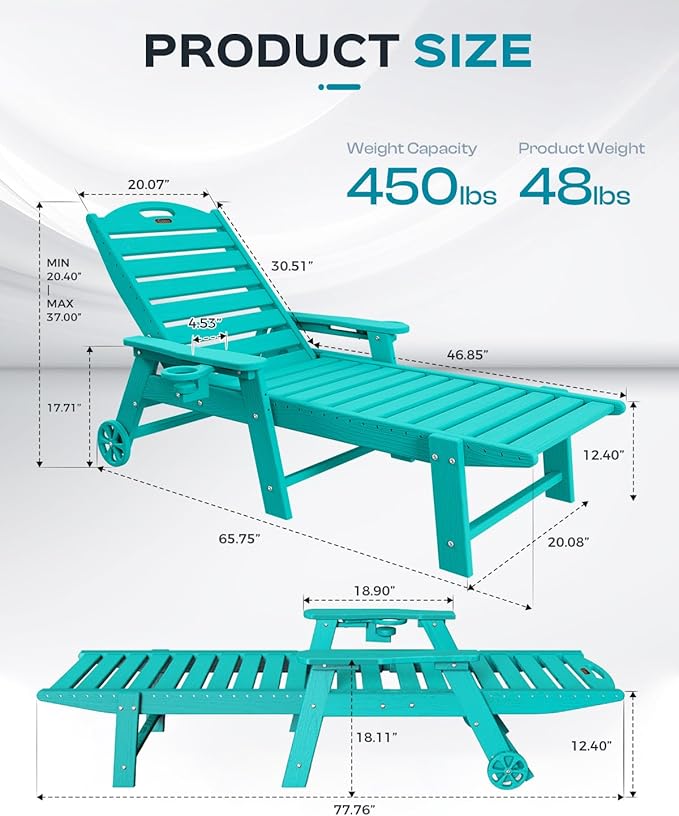 Lounge Chair Outdoor, Oversized Chaise Lounge Chair with 5 Positions, HDPE, Patio Lounge Chair with Wheels & Cup Holder for Pool, Deck, Poolside, Lake Blue CIOKEA