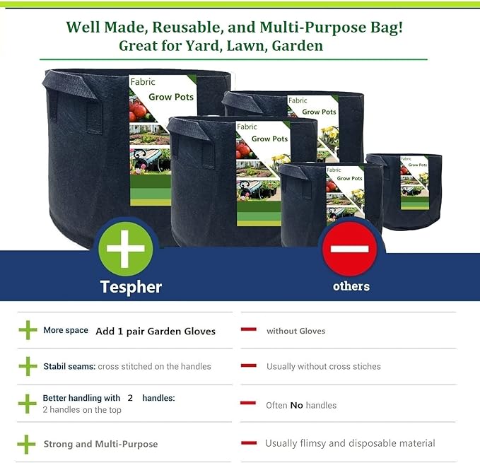 3-Pack 30 Gallon Thickened Plant Grow Bags Large (24x16 in) Heavy Duty Garden Bag Fabric Plant Pots for Tomato,Potato Planter,Flower Pots,Herbs Veggies Planting,Barrel Planter,Leaf Bag,Yard Waste Bags TespherCreationsforYardWorkLawnsCareandGardeningJobsOutdoorActivitiesRVCampingTrips