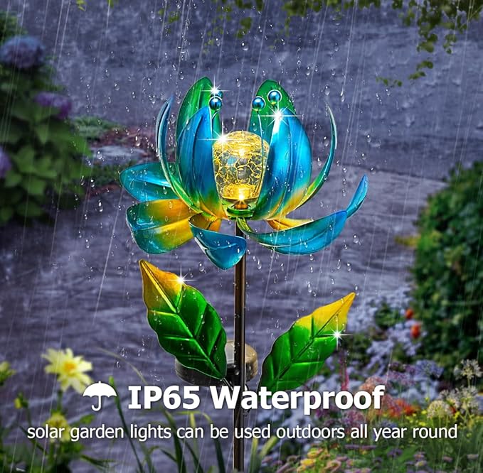 Solar Yard Lights Wind Spinners- Metal Lotus Flower Garden Decor LED Crackle Glass Globe Yard Art Sculpture Solar Stake Lights for Patio Pathway Lawn Walkway SUCUY