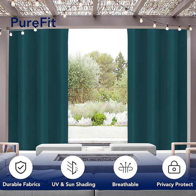 PureFit Outdoor Curtains for Patio Waterproof Weatherproof, UV Resistant Outside Curtains for Gazebo, Front Porch, Pergola, Sun Blocking Privacy Curtain, 52W x 120L inch, 1 Panel, Teal PureFit