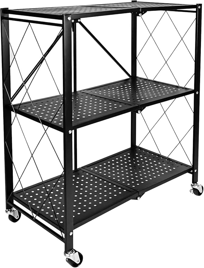 Kitchen Garage Metal Shelves, Storage Shelves Organizer, Foldable Metal Shelving, Closet Shelving Unit, 28" W x 14" D x 34" H Bakers Rack Microwave Stand, Plant Stand with Wheels (3-Tier Shelf) Rootora