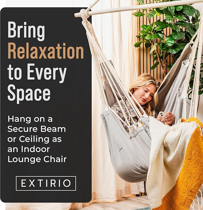 Hanging Hammock Chair Swing – Hanging Chair Outdoor & Indoor - Hammock Swing Chair – Quick & Easy Setup with Hardware Kit – Durable & Spacious Full Body Support with 2 Plush Cushions – Holds 440 Lbs EXTIRIO