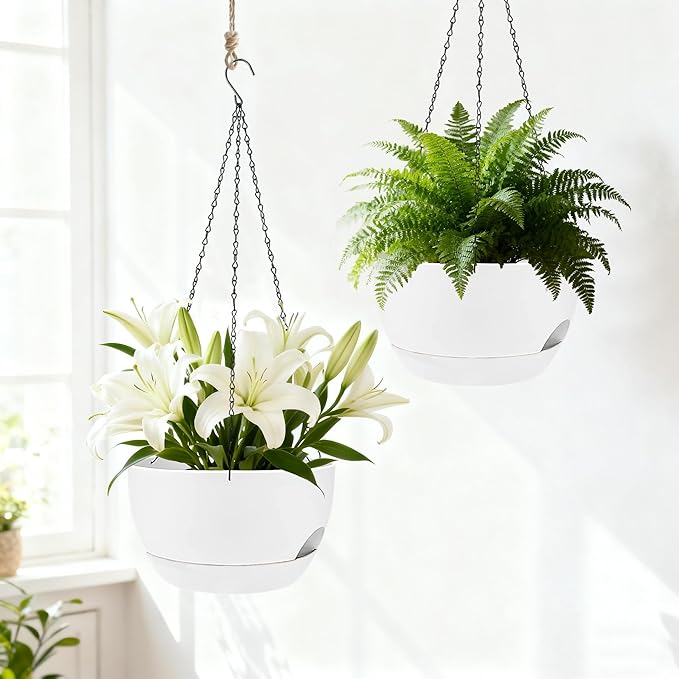 Set of 2-8 Inch Self Watering Hanging Planters for Indoor Outdoor，Hanging Plant Pots with Drainage & Removable Tray, Hanging Pots Holder for Ivy, Pothos, Ferns, Balcony & Patio, White zople