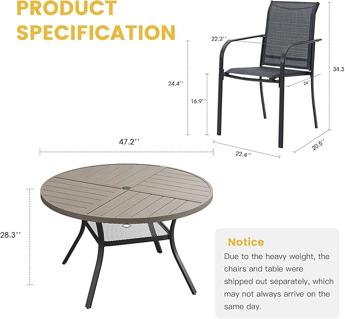 VICLLAX Patio Table and Chair Set of 6, All Weather Metal Round Outdoor Dining Furniture Set-47 Round Outdoor Table and Chairs, Grey Wood Grain Tabletop HOME