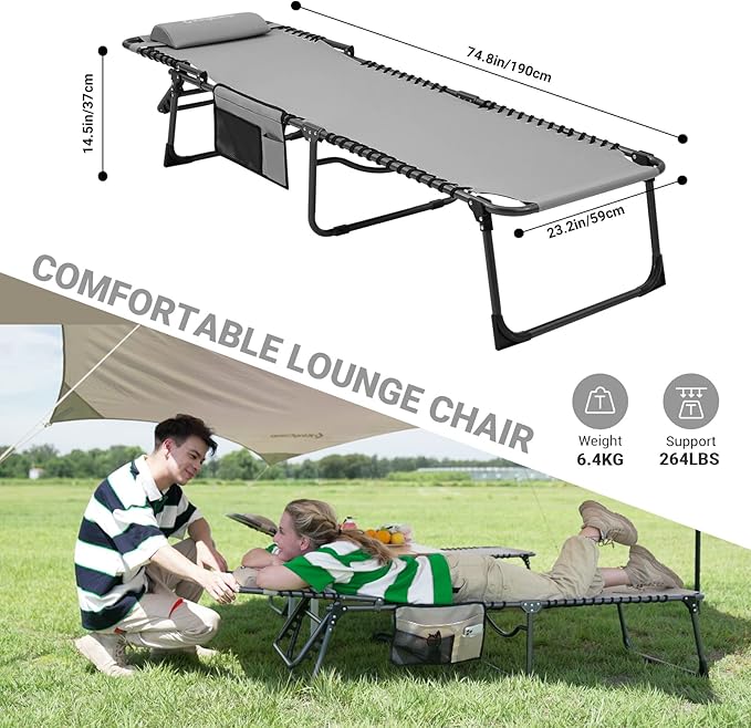 KingCamp Lounge Chair Outdoor, Folding Tanning Chairs Comfy Adjustable 5-Position Lay Flat Foldable Chaise Chaser Lounger with Pillow for Outside Beach Patio Sun Bathing Pool Backyard, Grey KingCamp