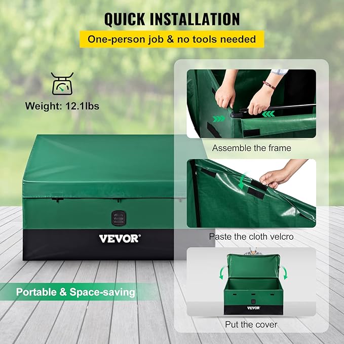 VEVOR Outdoor Storage Box, 100 Gallon Waterproof PE Tarpaulin Deck Box w/Galvanized Frame, All-Weather Protection & Portable, for Camping, Garden, Poolside, and Yard, Black & Green VEVOR