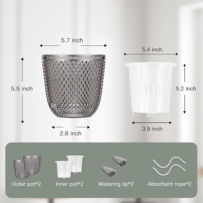 QCQHDU 2 Pack Self Watering Pots, 5.7 Inch Flower Pots with Drainage Holes and Water Filling Port, Garden Planter for Indoor Outdoor Plants (Gray) QCQHDU