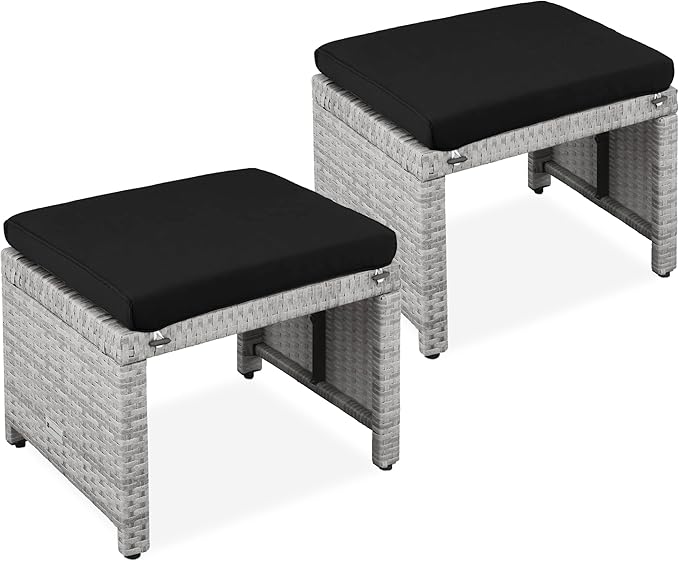 Best Choice Products Set of 2 Wicker Ottomans, Multipurpose Outdoor Furniture for Patio, Backyard, Additional Seating, Footrest, Side Table w/Removable Cushions, Steel Frame - Gray/Black BestChoiceProducts